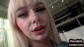 Watch Jessica Starling's big tits bounce as she lubed up and gives a sloppy POV handjob to her dinky partner