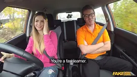 Stella Cox & Ryan Ryder take turns riding a hard cock in a fake driving schoolgirl
