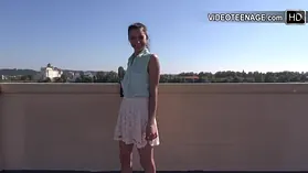 French 18-year-old girl auditions for her first anal casting with short skirt and petite frame