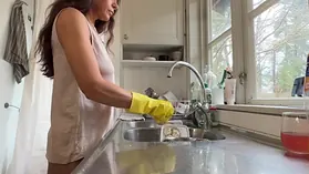 Naughty Angelina Love gets her tight pussy drilled in the kitchen while doing the dishes