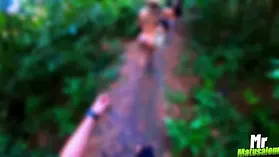Sexy tattooed MILF Deny Barbie & Natzinha Morena get their tits and pussies banged in the woods
