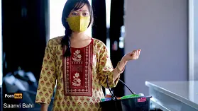 Saanvi Bahl's tight pussy gets drilled hard by her manager's big cock in Hindi audio