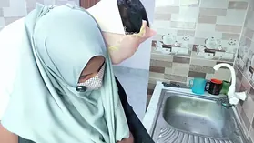 Desi Hijabi with black hair spunked in her perfect ass while cooking in the kitchen